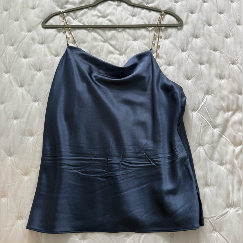 Cami NYC Dusty Blue Satin Camisole with Gold and Pearl Chain Straps - Picture 2 of 3
